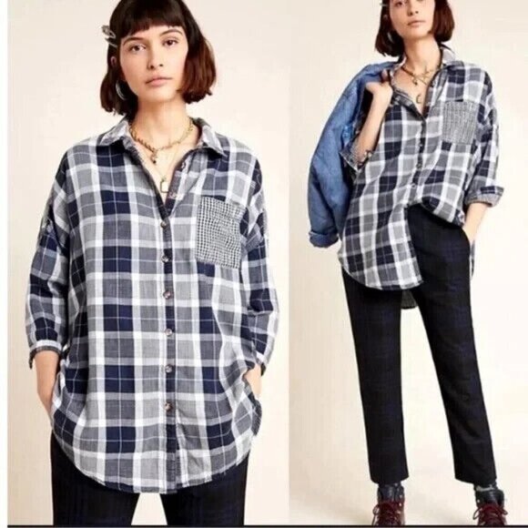 Anthropologie Pilcro The Bo Plaid Relaxed Top Blouse Shirt Size M/L - Picture 1 of 16